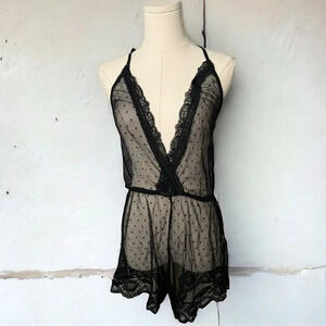 Coquette mesh pin up polka dot  lace trimmed romper XL